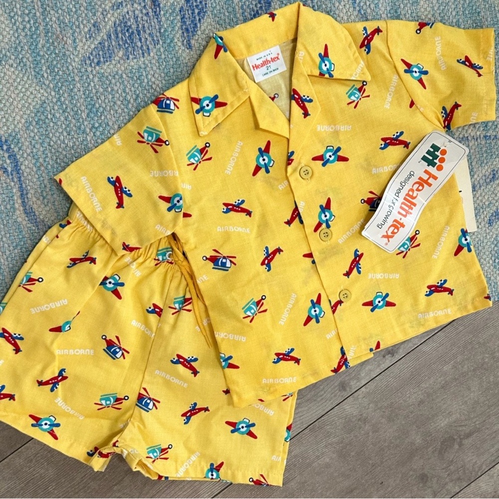 NEW Vintage Healthtex Toddler Yellow Airplane Outfit Set Button Down & Shorts - Picture 15 of 16